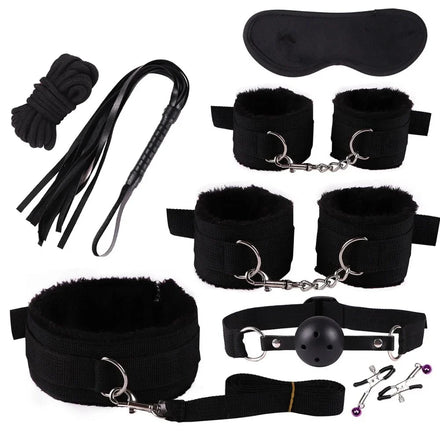 Pack Bondage 8 Pièces : les 8 accessoires à plat, attaches doublées peluche noire