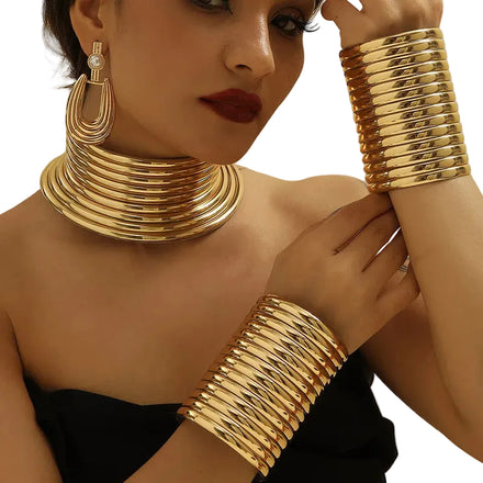 Parure Collier Rigide Doré ou Argenté : parure collier rigide, manchettes et boucles d'oreilles, photo 1
