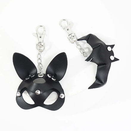 Porte-Clés Cuir Lapin, Rose, Chauve-Souris : pendentif en cuir PU noir sur chaîne et mousqueton, photo 1