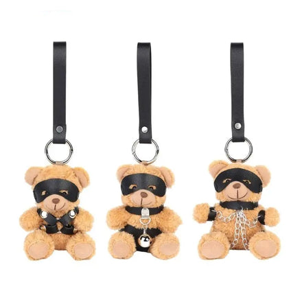 Porte-Clés Ourson Bandeau : ourson en peluche aux yeux bandés sur lanière noire, photo 1