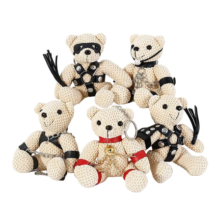 Porte-Clés Ourson Harnais : ourson peluche beige en harnais de cuir PU noir, photo 1