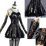 Robe Gothique Vinyle Dentelle et Croix : robe gothique noire vinyle avec dentelle et croix, photo 2