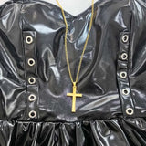 Robe Gothique Vinyle Dentelle et Croix : robe gothique noire vinyle avec dentelle et croix, photo 4