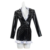 Robe Manteau Vinyle Noir Dentelle Blanche : manteau robe noir en vinyle à bordure de dentelle, photo 1
