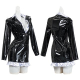 Robe Manteau Vinyle Noir Dentelle Blanche : manteau robe noir en vinyle à bordure de dentelle, photo 2