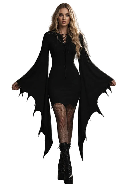 Robe Sorcière Gothique Manches Chauve-Souris : robe gothique noire à manches chauve-souris, photo 1