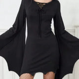 Robe Sorcière Gothique Manches Chauve-Souris : robe gothique noire à manches chauve-souris, photo 3