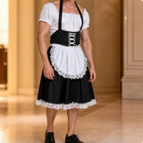 Robe Soubrette Tablier Laçage Croisé : robe de soubrette noire et blanche à tablier, photo 2