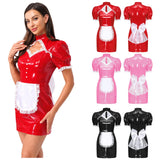 Robe Soubrette Sexy Vinyle Moulante : mini robe soubrette brillante avec tablier en dentelle, photo 1