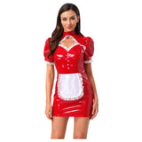 Robe Soubrette Sexy Vinyle Moulante : mini robe soubrette brillante avec tablier en dentelle, photo 2