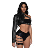 Veste Gothique Asymétrique Similicuir : veste courte gothique asymétrique en similicuir à boucles, photo 1