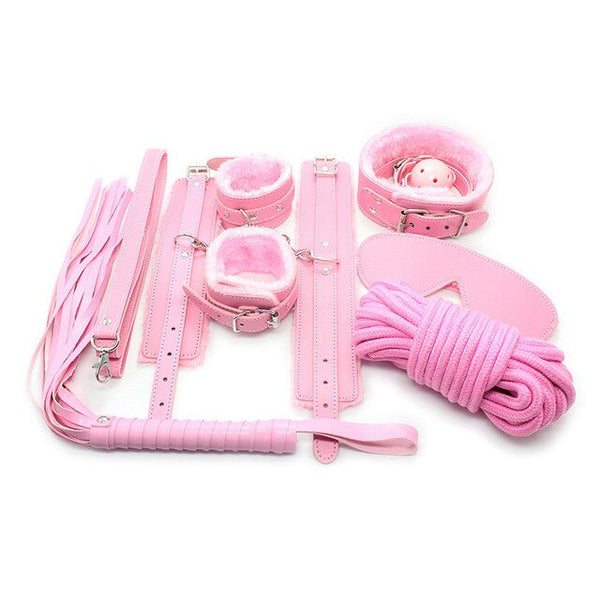 Kit De Bondage Débutant - Bâillon, Menottes, Laisse, Collier, Masque Et Corde En Simili Cuir Noir | Neuf Pour Jeux D'intimité